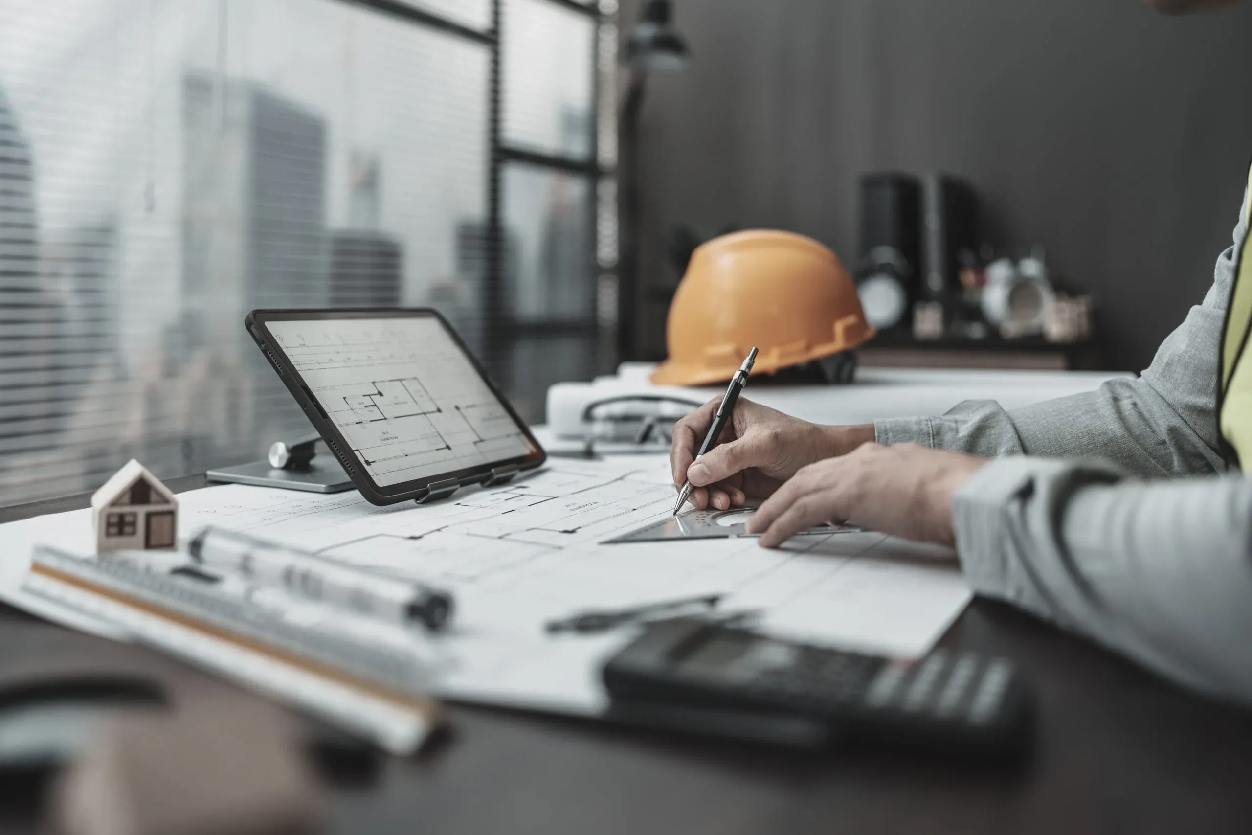 Architect or engineer drafting building plans at a desk with a tablet displaying blueprints, surrounded by tools, a calculator, and a yellow hard hat in a modern office setting.