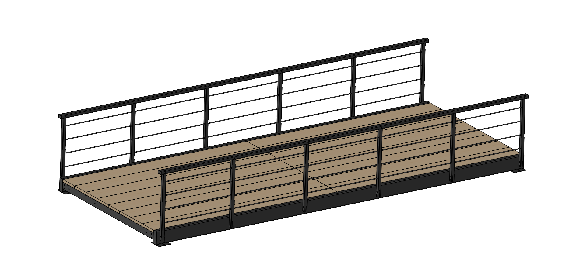 Pedestrian bridge with timber deck and black rails, ideal for pathways.